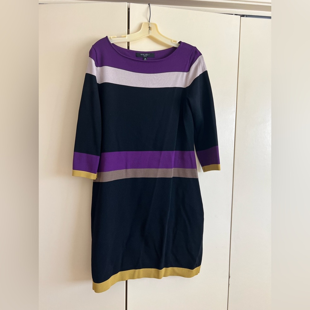 Nine West Purple and Black Striped Long Sleeve Knit Dress